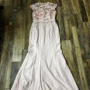 HEBEOS Women's Pink Blush Wedding Bridesmaid Medium Formal Lace Maxi Dress NWT